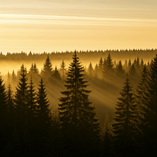 Misty forest at dawn with golden rays